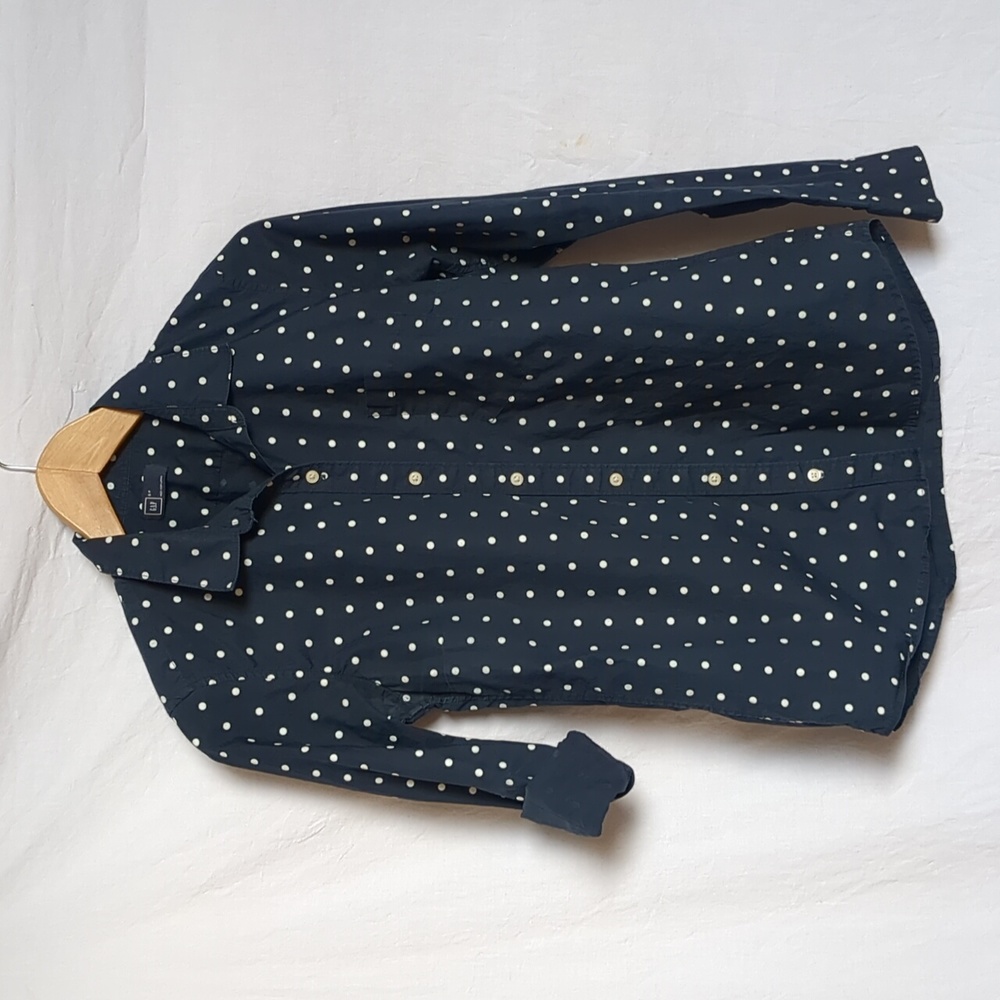 GAP shirt white navy blue Polka dot button down cotton blouse small